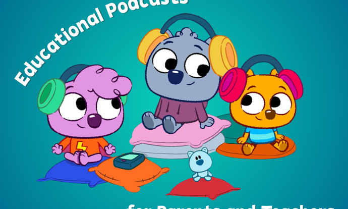 Three PBS cartoon characters shown sitting together listening to a podcast.